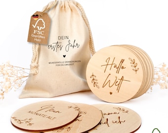 40 sustainable baby milestones made of wood including cotton bags, baby milestone cards, birth gift, FSC-certified wood