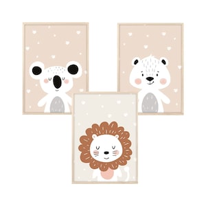 MeinBaby123® set de 3 cuadros DIN A4 habitación infantil | Póster decoración de la habitación de los niños | Decoración de la habitación del bebé | Fotomurales de animales (bonitos amigos - beige)