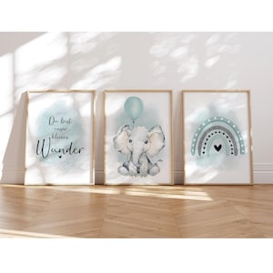 MeinBaby123® Juego de 3 Cuadros DIN A4 Habitación Infantil | Póster decoración de la habitación de los niños | Decoración de la habitación del bebé | Murales de citas (elefante y globo menta)