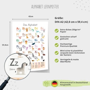 May include: A colourful alphabet learning poster with illustrations of animals for each letter. The poster is printed on thick, 250gsm paper and measures 42.0 cm by 59.4 cm. The poster is printed in Germany and is climate neutral.
