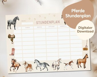 Horse timetable PDF for girls to download | Timetable printable | Timetable for girls | Horse timetable digital download