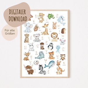 Descarga digital MyBaby123® | Póster ABC | Cuadros de habitaciones infantiles | Póster habitación infantil | Póster de aprendizaje | Murales | Alfabeto (Animales V2)