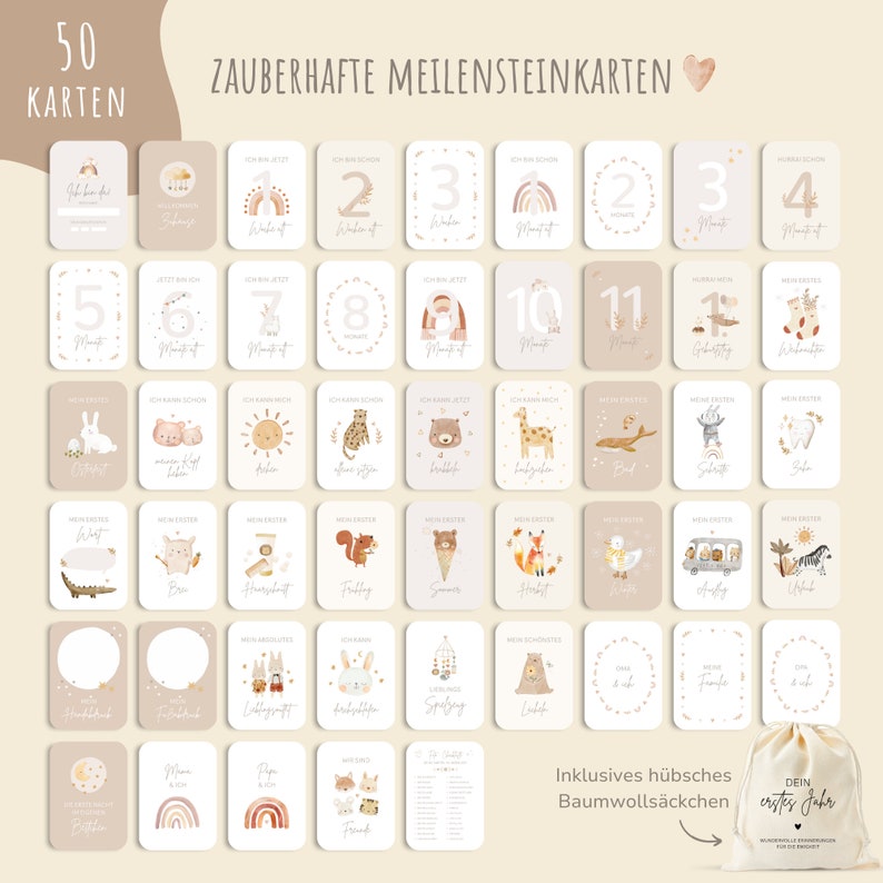 50 milestone cards Your first year to fill out including cotton bag, birth gift, birth gift idea beige image 2