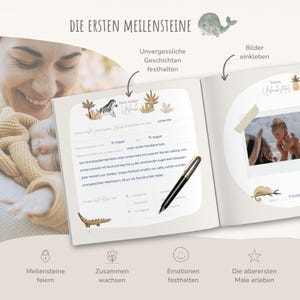 Op de afbeelding: Een baby-herinneringsboek met een bruine kaft en een witte zebra-illustratie. Het boek heeft secties voor mijlpalen, emoties en foto's. De tekst op de kaft luidt "Die ersten Meilensteine", wat "De eerste mijlpalen" betekent.