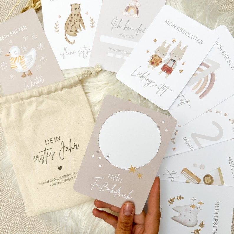 50 milestone cards Your first year to fill out including cotton bag, birth gift, birth gift idea beige image 8