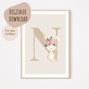 Descarga digital MyBaby123® | Cartel de letra inicial | Cuadros de habitaciones infantiles | Póster habitación infantil | Decoración de la habitación del bebé | Mural (Conejo N)