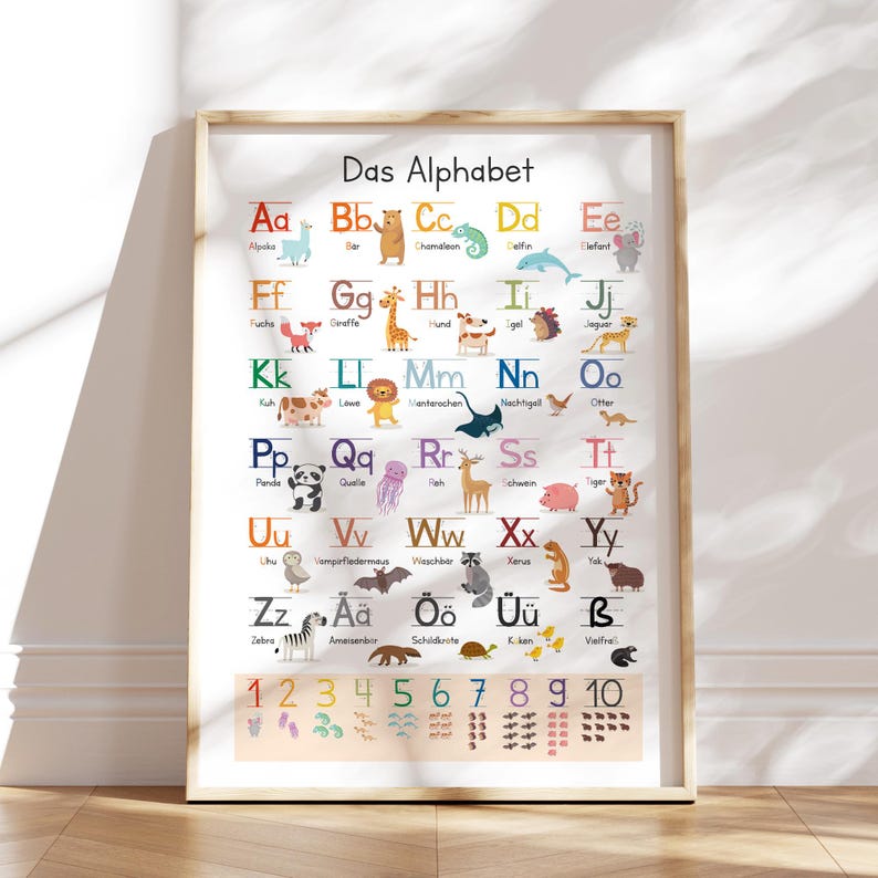 May include: A colourful educational poster featuring the German alphabet with illustrations of animals for each letter. The poster also includes numbers 1 through 10 with corresponding animal illustrations.