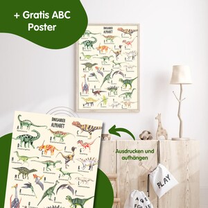May include: A printable dinosaur alphabet poster with colorful illustrations of different dinosaurs. The poster features the name of each dinosaur next to its illustration. The poster is on a white background with a wooden frame.