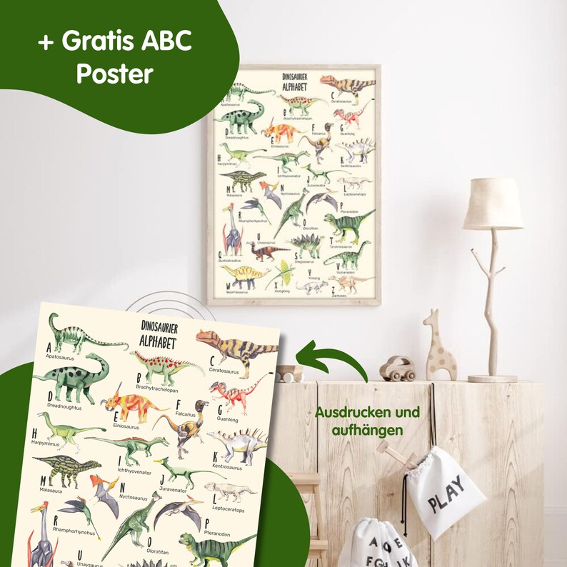May include: A printable dinosaur alphabet poster with colorful illustrations of different dinosaurs. The poster features the name of each dinosaur next to its illustration. The poster is on a white background with a wooden frame.