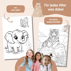 Puede incluir: P&aacute;ginas para colorear en blanco y negro con un elefante y un tigre. El texto "F&uuml;r jedes Alter was dabei" est&aacute; en la parte superior de la p&aacute;gina. El texto "von sehr leicht" est&aacute; en la parte superior izquierda de la p&aacute;gina. El texto "bis etwas anspruchsvoller" est&aacute; en la parte superior derecha de la p&aacute;gina.