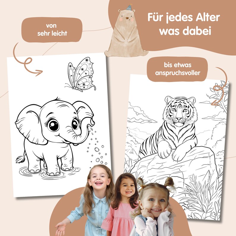 Puede incluir: P&aacute;ginas para colorear en blanco y negro con un elefante y un tigre. El texto "F&uuml;r jedes Alter was dabei" est&aacute; en la parte superior de la p&aacute;gina. El texto "von sehr leicht" est&aacute; en la parte superior izquierda de la p&aacute;gina. El texto "bis etwas anspruchsvoller" est&aacute; en la parte superior derecha de la p&aacute;gina.
