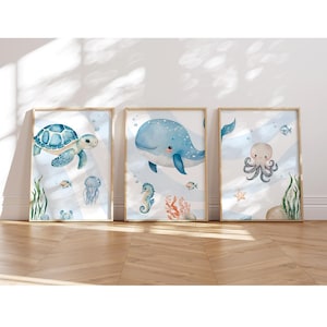 Mundo submarino Póster A4 para habitación infantil, juego de 3, linda ballena, tortuga, medusa, decoración para habitación infantil, imágenes para habitación infantil