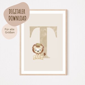 Descarga digital MyBaby123® | Cartel de letra inicial | Cuadros de habitaciones infantiles | Póster habitación infantil | Decoración de la habitación del bebé | Mural (León T)