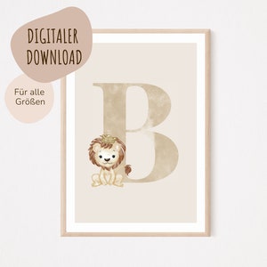 Descarga digital MyBaby123® | Cartel de letra inicial | Cuadros de habitaciones infantiles | Póster habitación infantil | Decoración de la habitación del bebé | Mural (León B)