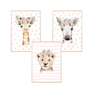 MeinBaby123® set de 3 cuadros DIN A4 habitación infantil | Póster decoración de la habitación de los niños | Decoración de la habitación del bebé | Murales de animales (Tocados de animales - Set 3)