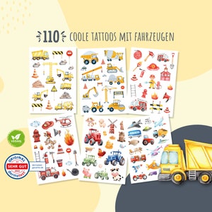 110 tatuaggi delicati sulla pelle per bambini, tatuaggi per vigili del fuoco e fattorie, regalo per bambini, borsa per feste di compleanno per bambini (veicoli)