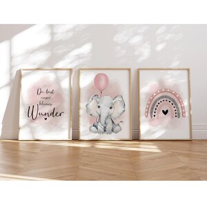 MeinBaby123® Juego de 3 Cuadros DIN A4 Habitación Infantil | Póster decoración de la habitación de los niños | Decoración de la habitación del bebé | Murales de citas (elefante y globo rosa)
