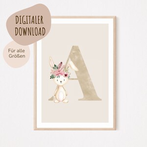 Descarga digital MyBaby123® | Cartel de letra inicial | Cuadros de habitaciones infantiles | Póster habitación infantil | Decoración de la habitación del bebé | Mural (Conejito A)
