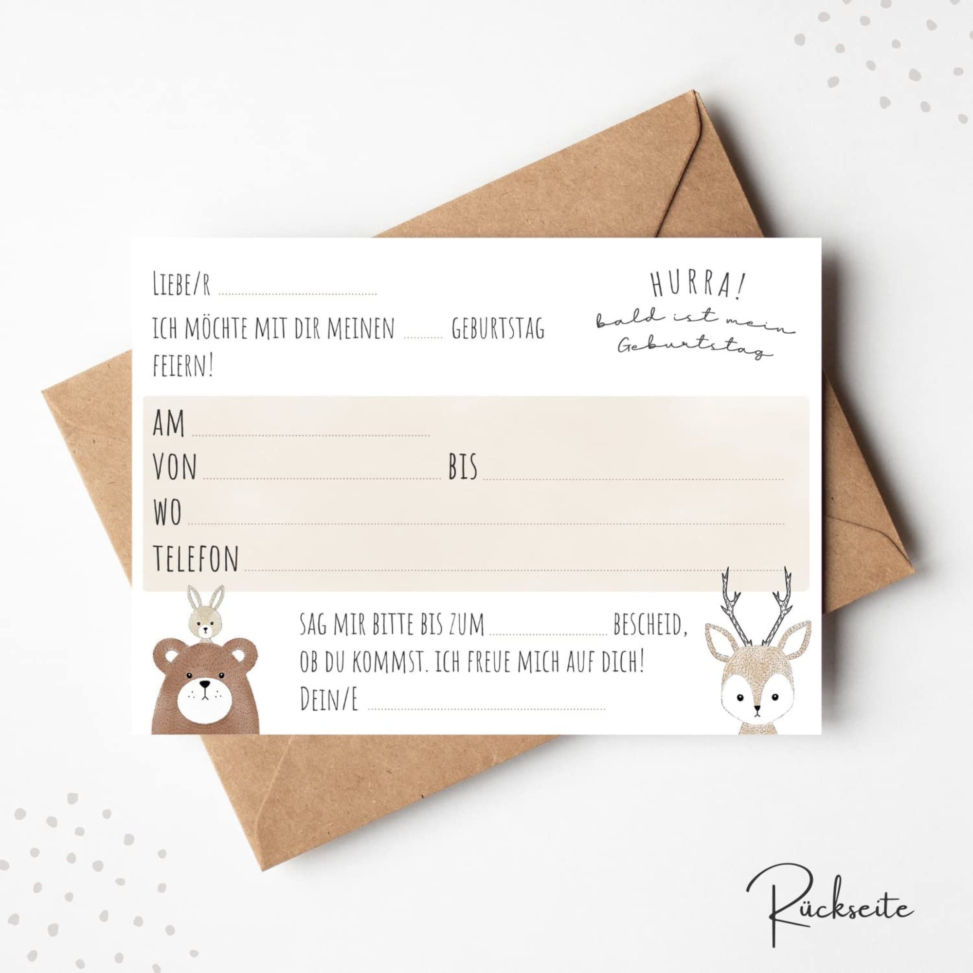 Biglietti d'invito animali della foresta stile natura – 8 biglietti compleanno bambini DIN A6 – con orso, gufo e procione – scrivibili – design disco di legno - Italia