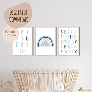 MeinBaby123® Download digitale Set di 3 | Poster di apprendimento ABC | Poster didattico sui numeri 1-10 | Poster per la cameretta dei bambini (ABC, arcobaleno, numeri - blu)