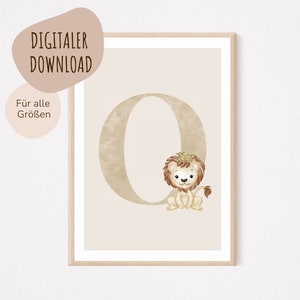 Descarga digital MyBaby123® | Cartel de letra inicial | Cuadros de habitaciones infantiles | Póster habitación infantil | Decoración de la habitación del bebé | Mural (León O)
