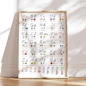 Póster de aprendizaje de escritura básica MeinBaby123® | Póster del alfabeto ABC para niños | Jardín de infantes, escuela primaria | + Hojas de ejercicios (póster blanco y negro V2)