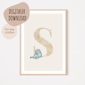 Descarga digital MyBaby123® | Cartel de letra inicial | Cuadros de habitaciones infantiles | Habitación infantil | Decoración de la habitación del bebé | Mural (Sello S)