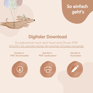 Puede incluir: Una ilustraci&oacute;n de descarga digital con un perro de dibujos animados sosteniendo globos. El texto dice "So einfach geht's" y "Digitaler Download". La ilustraci&oacute;n muestra tres pasos: descargar, imprimir y colorear.