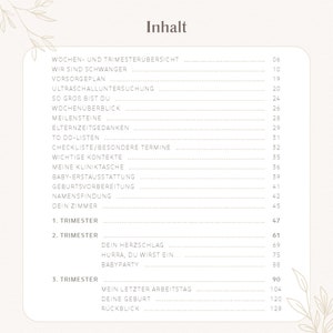 May include: A table of contents page titled Inhalt, featuring a list of pregnancy-related sections including Wochen- und Trimester&uuml;bersicht, Wir sind schwanger, Vorsorgeplan, Ultraschalluntersuchung, Meilensteine, and To Do-Listen with page numbers.