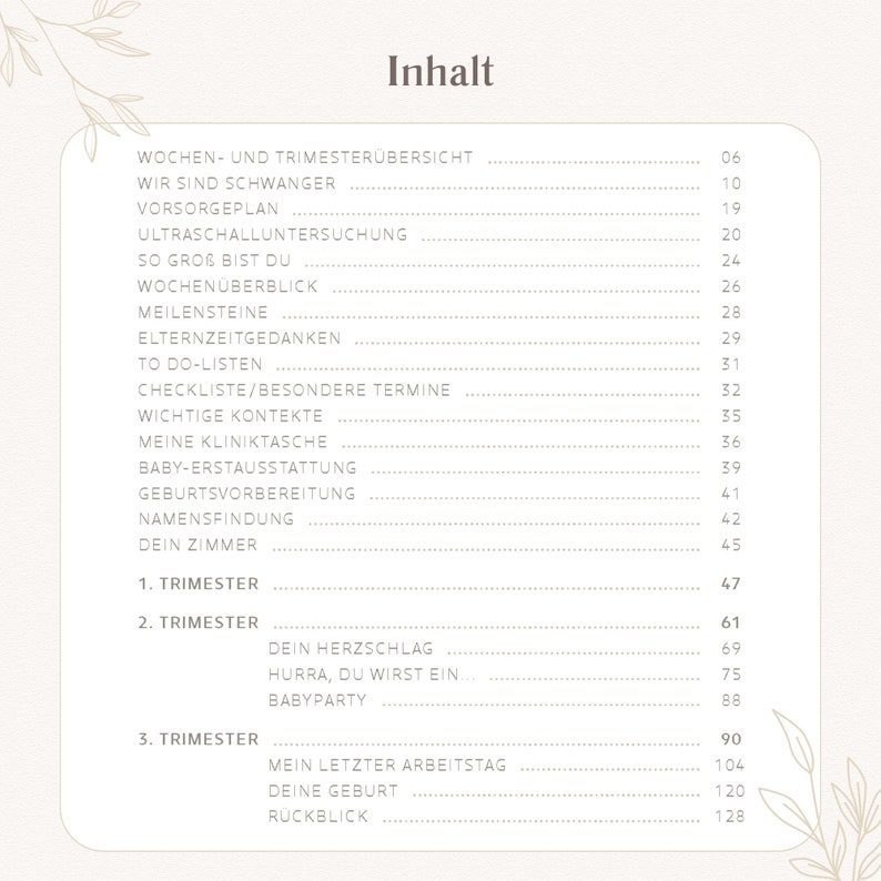 May include: A table of contents page titled Inhalt, featuring a list of pregnancy-related sections including Wochen- und Trimester&uuml;bersicht, Wir sind schwanger, Vorsorgeplan, Ultraschalluntersuchung, Meilensteine, and To Do-Listen with page numbers.