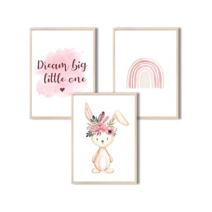 MeinBaby123® set de 3 cuadros DIN A4 habitación infantil | Póster decoración de la habitación de los niños | Decoración de la habitación del bebé | Murales con frase (conejito y arcoiris)