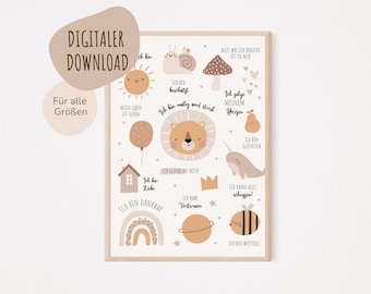 May include: A printable poster with a light brown background and illustrations of animals and objects. The poster features positive affirmations in German, such as "Ich bin mutig und stark" (I am brave and strong) and "Ich bin dankbar" (I am grateful).