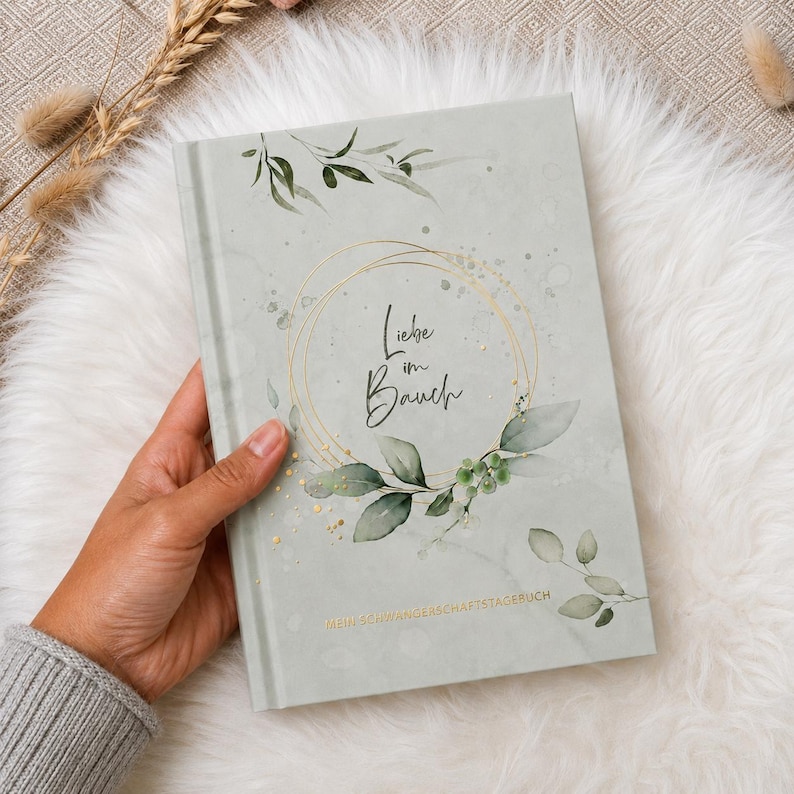 Pregnancy journal with gold-plated linen cover, gifts for pregnant women, pregnancy, love in the womb, pregnancy (linen) Mint Eukalyptus