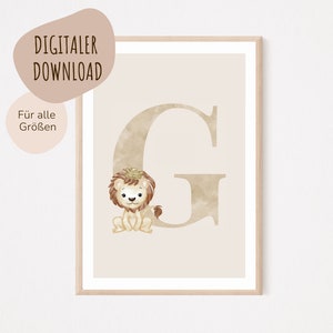 Descarga digital MyBaby123® | Cartel de letra inicial | Cuadros de habitaciones infantiles | Póster habitación infantil | Decoración de la habitación del bebé | Mural (León G)