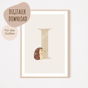 Descarga digital MyBaby123® | Cartel de letra inicial | Cuadros de habitaciones infantiles | Póster habitación infantil | Decoración de la habitación del bebé | Mural (Erizo I)