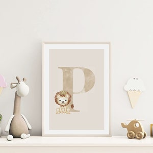 MeinBaby123® DIN A4 imágenes guardería | Letras iniciales | Póster decoración de la habitación de los niños | Decoración de la habitación del bebé | Cita murales (León - P)