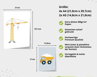 Donari Lot De 3 Posters A4 Chambre Enfant - Engins De Chantier (Pelleteuse, Chargeuse, Grue) - Décoration Murale Noir Et Blanc - Fabriqué En Allemagne