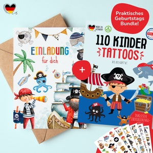 Piratenset | Piraten kinderverjaardagsuitnodiging als set met huidvriendelijke piratenhuid-tatoeages/piratenkleeftatoeages