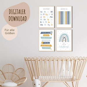 Descarga digital MyBaby123® | Juego de 4 carteles de aprendizaje educativo | Cartel de aprendizaje de la escuela primaria | Pósteres para la habitación de los niños (pósteres de aprendizaje, juego de 4 azules)
