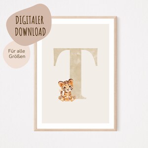 Descarga digital MyBaby123® | Cartel de letra inicial | Cuadros de habitaciones infantiles | Habitación infantil | Decoración de la habitación del bebé | Mural (Tigre T)