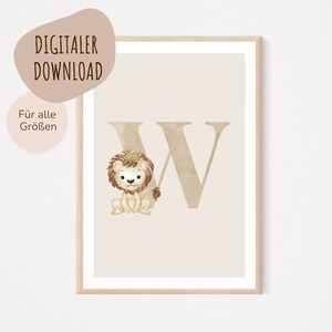 Descarga digital MyBaby123® | Cartel de letra inicial | Cuadros de habitaciones infantiles | Póster habitación infantil | Decoración de la habitación del bebé | Mural (León W)