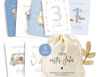 50 milestone cards "Your first year" to fill out including cotton bag, birth gift, birth gift idea (blue)