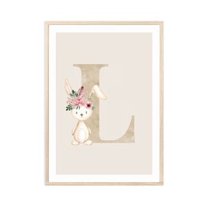 MeinBaby123® DIN A4 imágenes guardería | Letras iniciales | Póster decoración de la habitación de los niños | Decoración de la habitación del bebé | Arte mural diciendo (Conejo - L)