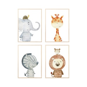 MeinBaby123® juego de 4 cuadros DIN A4 habitación infantil | Póster de animales para decoración de guardería | Decoración de la habitación del bebé | Murales de animales (Animal sobre animal - Set 2)