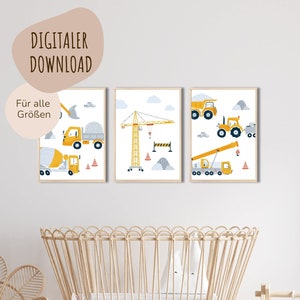 MijnBaby123® Digitale download | Set van 3 graafmachineposters | Foto's van kinderkamers voor jongens Kinderkamerposter, tractor, bouwvoertuig (graafmachine V1)