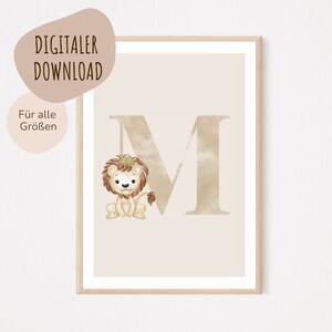 Descarga digital MyBaby123® | Cartel de letra inicial | Cuadros de habitaciones infantiles | Póster habitación infantil | Decoración de la habitación del bebé | Mural (León M)