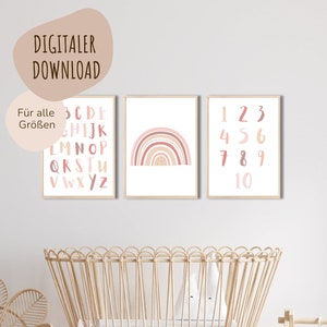 MeinBaby123® Download digitale Set di 3 | Poster di apprendimento ABC | Poster didattico sui numeri 1-10 | Poster per la cameretta dei bambini (ABC, arcobaleno, numeri - rosa)