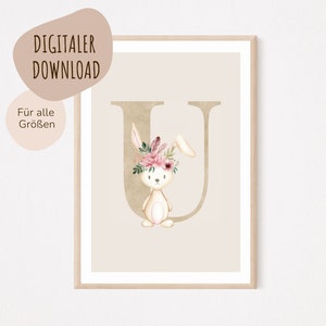 Descarga digital MyBaby123® | Cartel de letra inicial | Cuadros de habitaciones infantiles | Póster habitación infantil | Decoración de la habitación del bebé | Mural (Conejo U)