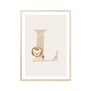 MeinBaby123® Cuadros DIN A4 habitación infantil | Letras iniciales | Póster decoración de la habitación de los niños | Decoración de la habitación del bebé | Murales de citas (dulce león L)