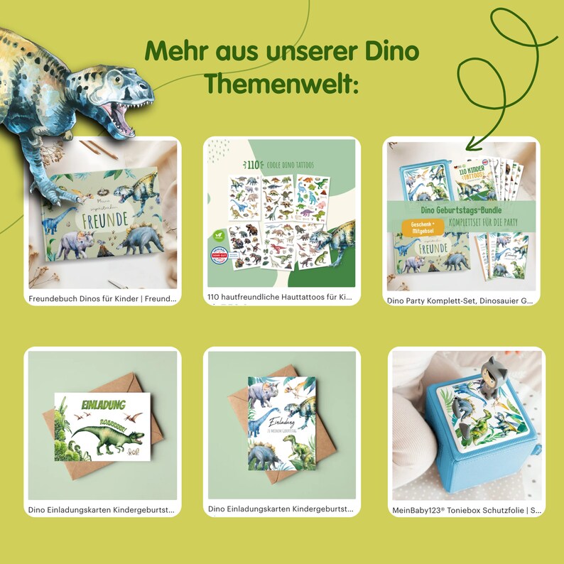May include: A collection of dinosaur-themed party supplies, including a friend book, temporary tattoos, a party set, invitation cards, and a toy box. The items feature colorful illustrations of dinosaurs and the text "FREUNDE" (German for "friends").